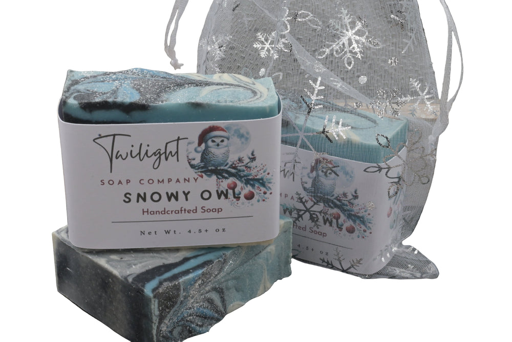 Handcrafted soap with 'Twilight Soap Company' packaging featuring a snowy owl design.