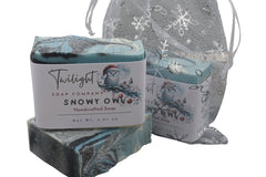 Handcrafted soap with 'Twilight Soap Company' packaging featuring a snowy owl design.