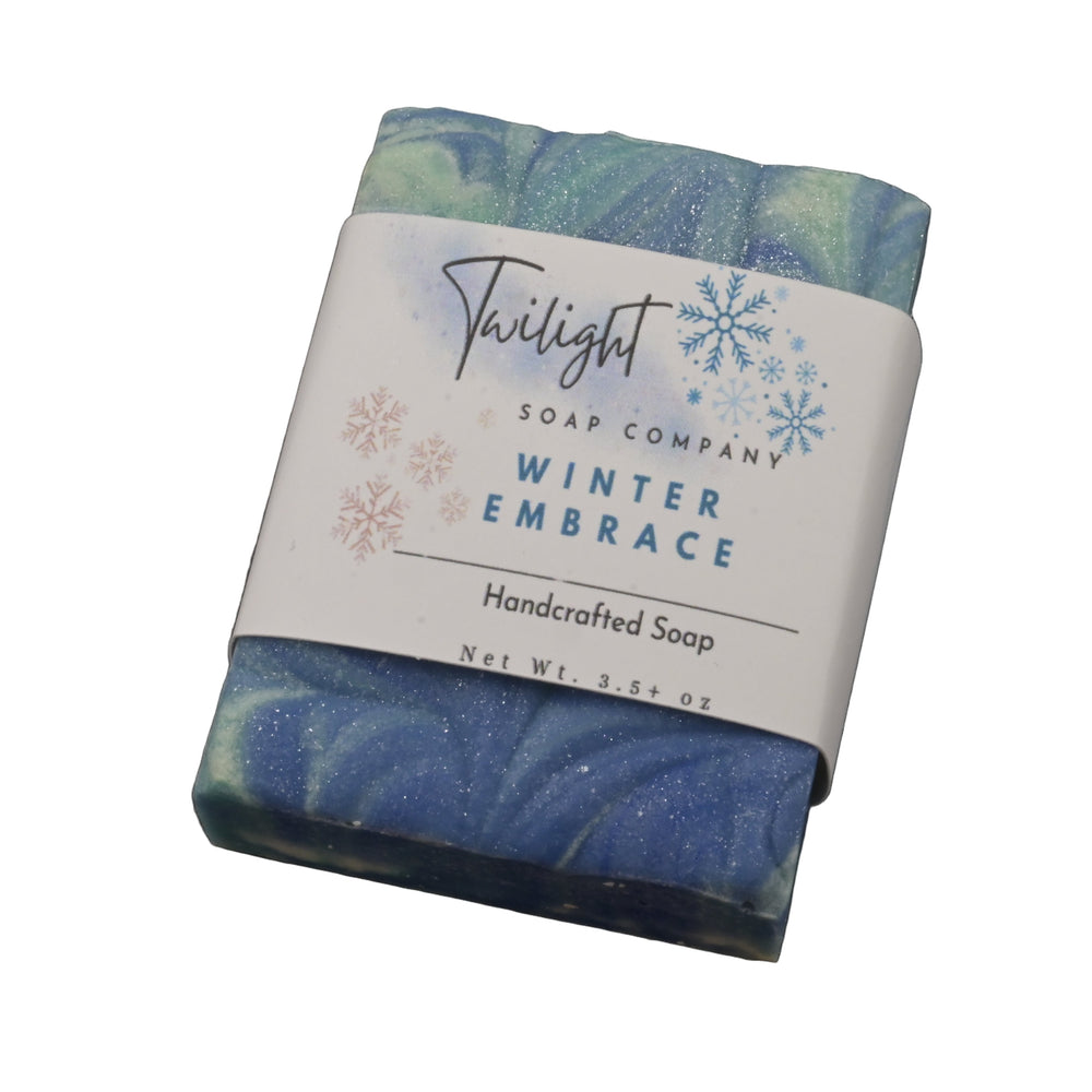 Bar of soap with a label on a dark surface