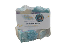 Bar of soap with a label on a wooden surface and dark background