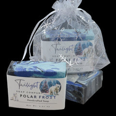 Polar Frost Winter Soap – Aloe Vera, Shea Butter, Charcoal, Artisan Blue & Black Bar in Organza Bag