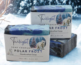 Twilight Soap Company Polar Frost soap bars and packaging on a snowy background