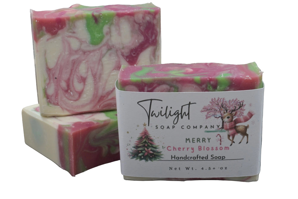 Handcrafted soap with a label from Twilight Soap Company on a dark surface.
