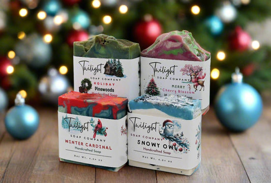 Christmas Soap Snowy Owl Poppy Seed, Winter Cardinal, Holiday Pinewoods, Merry Cherry Blossom Handmade Bar Soap