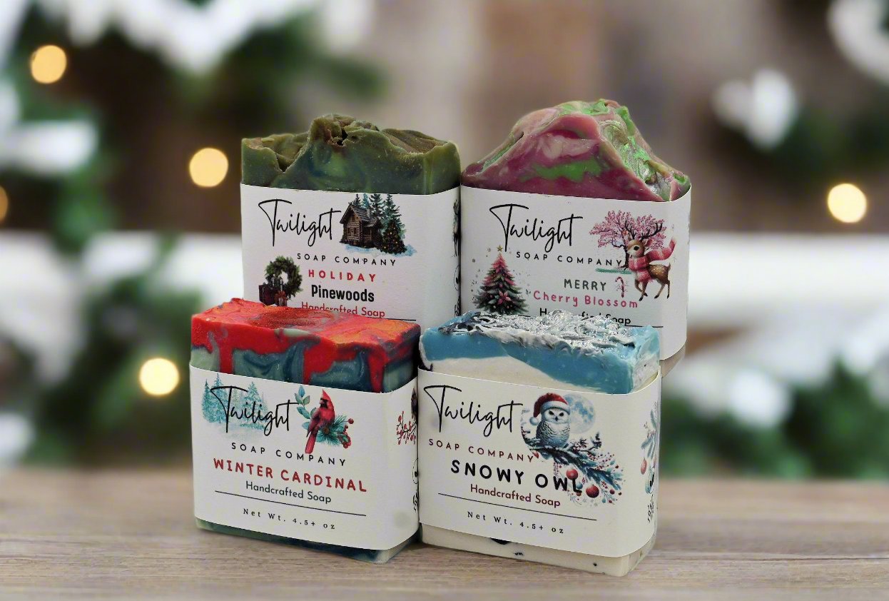 Christmas Soap Snowy Owl Poppy Seed, Winter Cardinal, Holiday Pinewoods, Merry Cherry Blossom Handmade Bar Soap