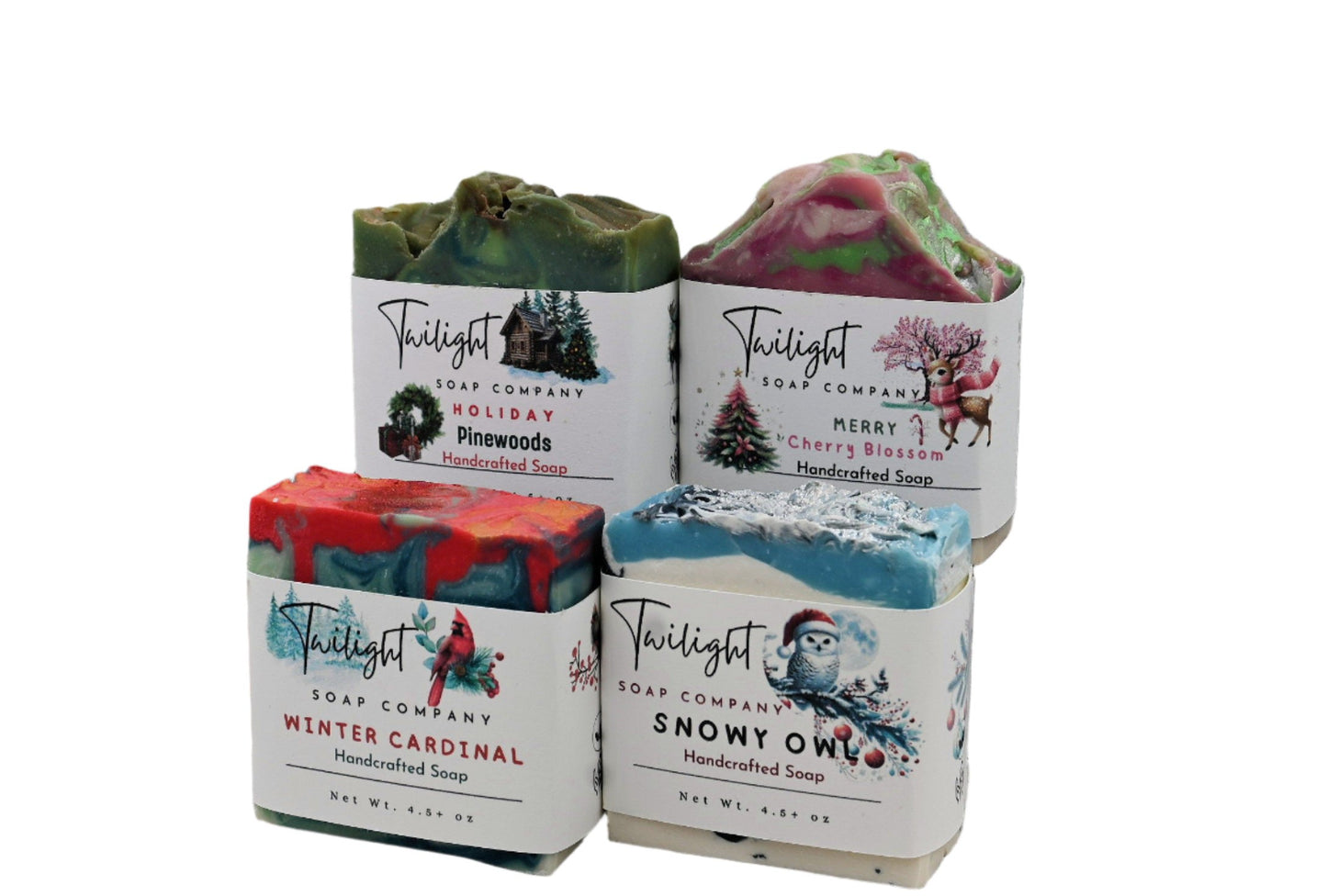 Christmas Soap Snowy Owl Poppy Seed, Winter Cardinal, Holiday Pinewoods, Merry Cherry Blossom Handmade Bar Soap