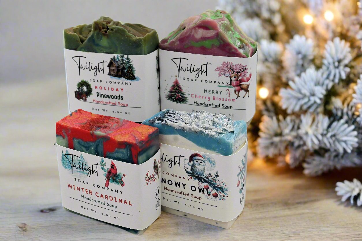 Christmas Soap Snowy Owl Poppy Seed, Winter Cardinal, Holiday Pinewoods, Merry Cherry Blossom Handmade Bar Soap