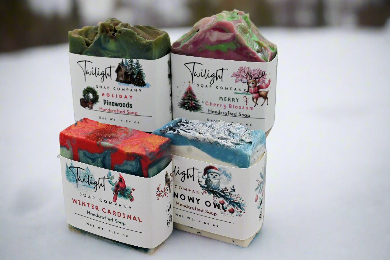 Christmas Soap Snowy Owl Poppy Seed, Winter Cardinal, Holiday Pinewoods, Merry Cherry Blossom Handmade Bar Soap