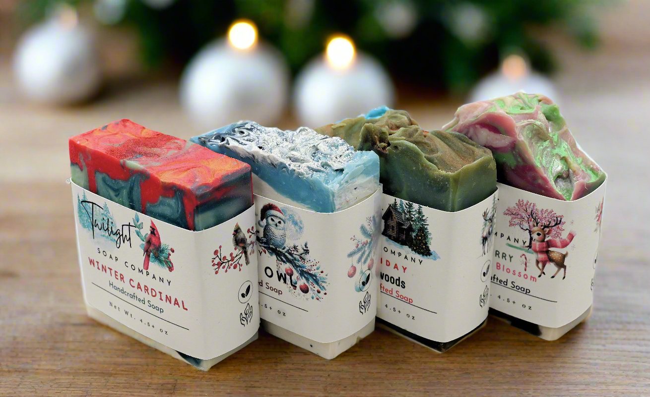 Christmas Soap Snowy Owl Poppy Seed, Winter Cardinal, Holiday Pinewoods, Merry Cherry Blossom Handmade Bar Soap