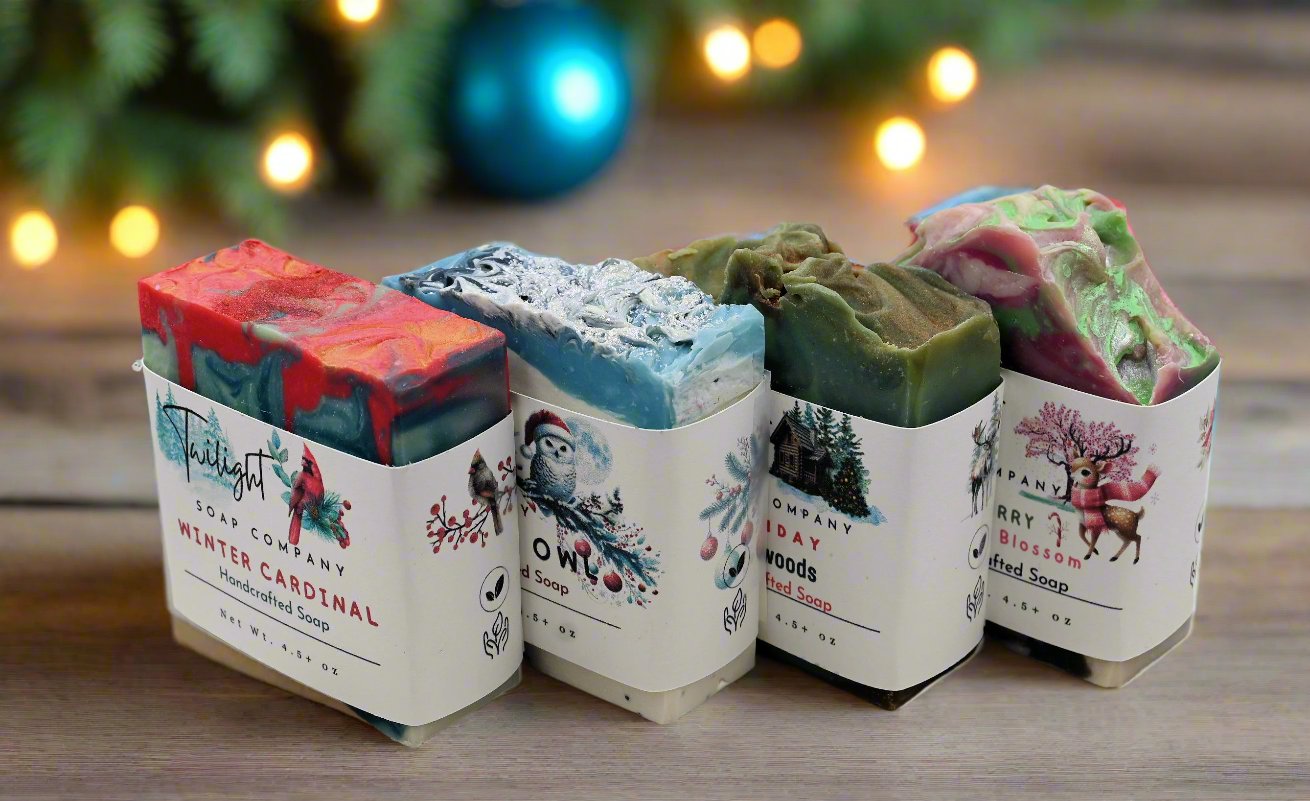 Christmas Soap Snowy Owl Poppy Seed, Winter Cardinal, Holiday Pinewoods, Merry Cherry Blossom Handmade Bar Soap