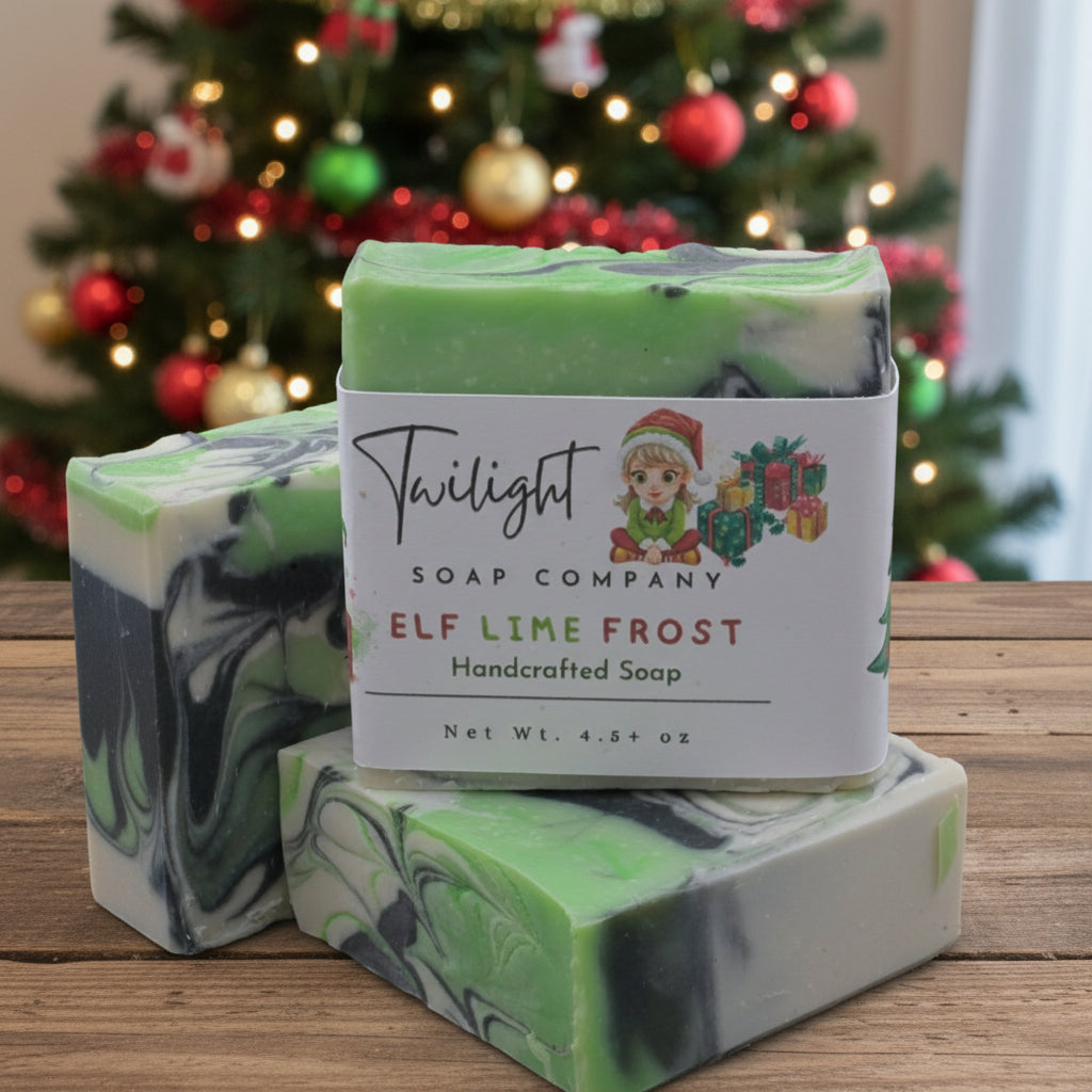 Green and white soap bar with a label from Twilight Soap Company on a gray surface.
