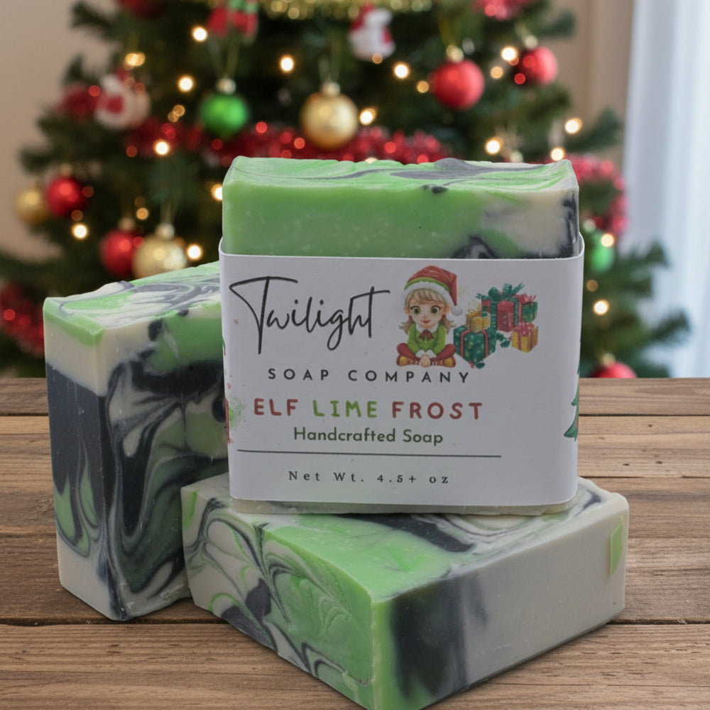 Green and white soap bar with a label from Twilight Soap Company on a gray surface.