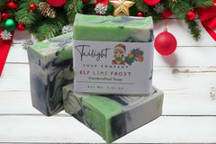 Green and gray swirled soap with a Twilight Soap Company label on a dark surface.