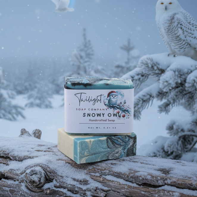 Handcrafted soap with 'Twilight Soap Company' branding on a dark surface