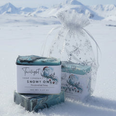 Handcrafted soap with 'Twilight Soap Company' packaging featuring a snowy owl design.