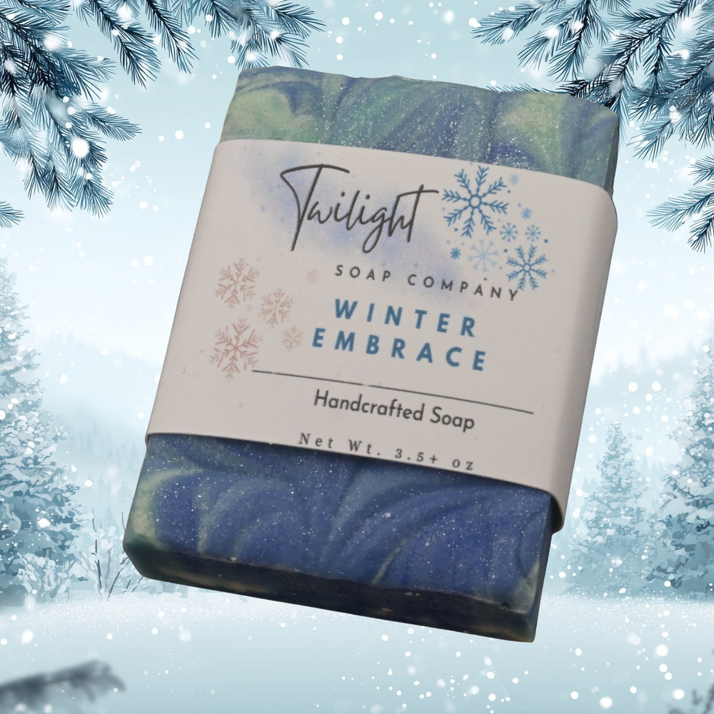 Blue soap bar with a label on a dark surface