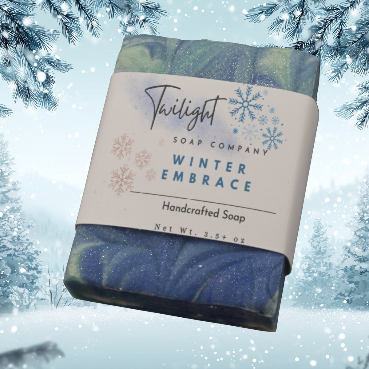 Blue soap bar with a label on a dark surface