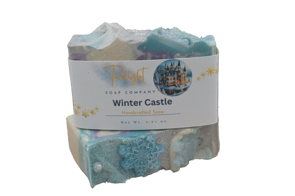 Bar of soap with a label on a wooden surface and dark background