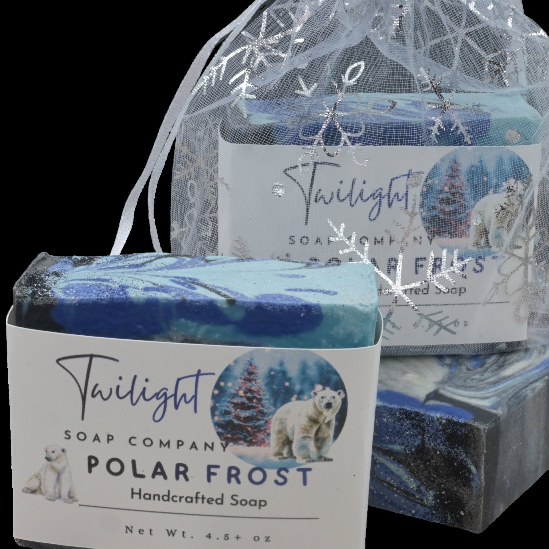 Twilight Soap Company Polar Frost soap with packaging on a wooden surface