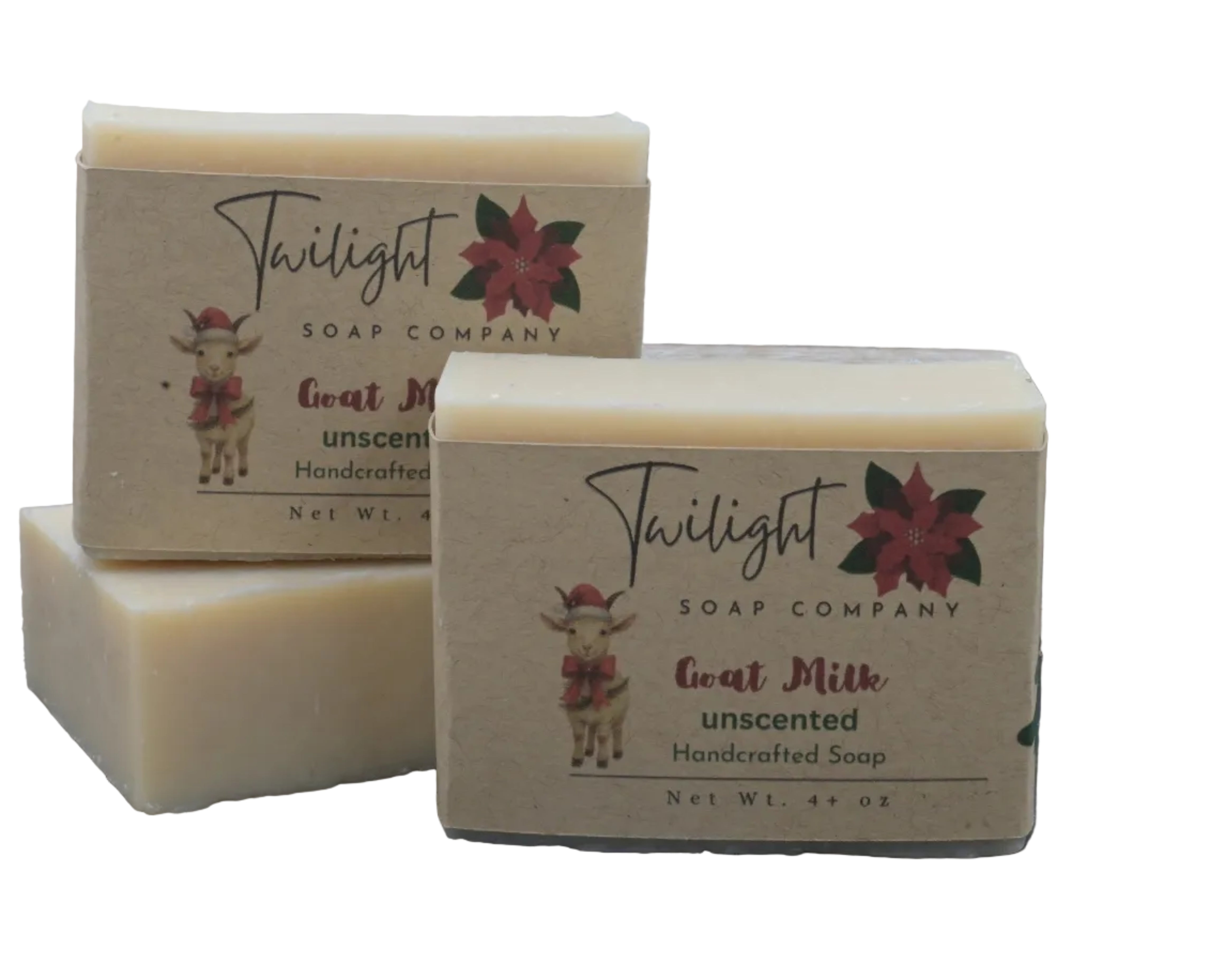 Two bars of Twilight Soap Company goat milk soap on a textured surface with a white background.