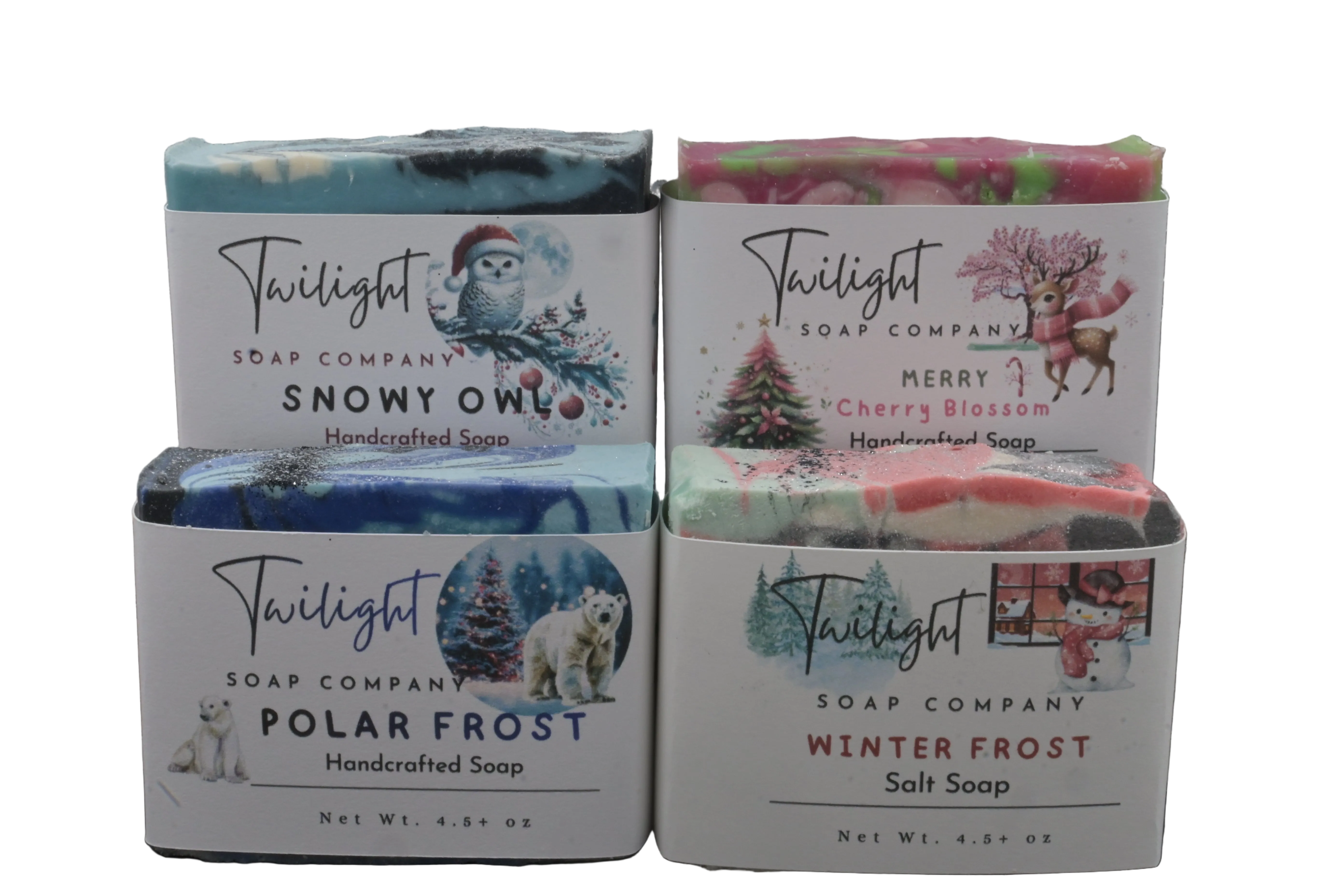 Christmas Soap Gift Set – Snowy Owl, Polar Frost, Winter Frost, Merry Cherry – Handmade Holiday Bars