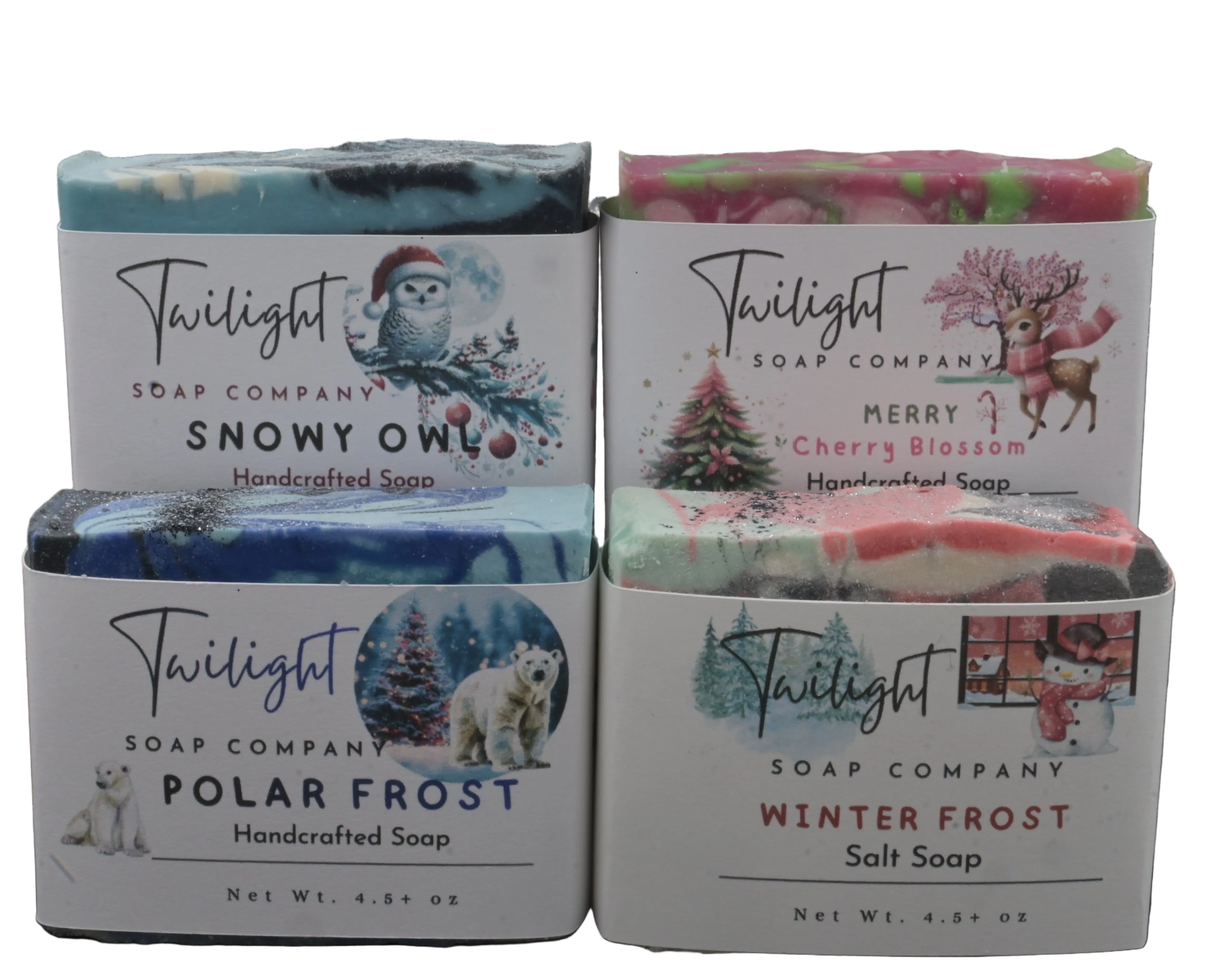 Christmas Soap Gift Set – Snowy Owl, Polar Frost, Winter Frost, Merry Cherry – Handmade Holiday Bars