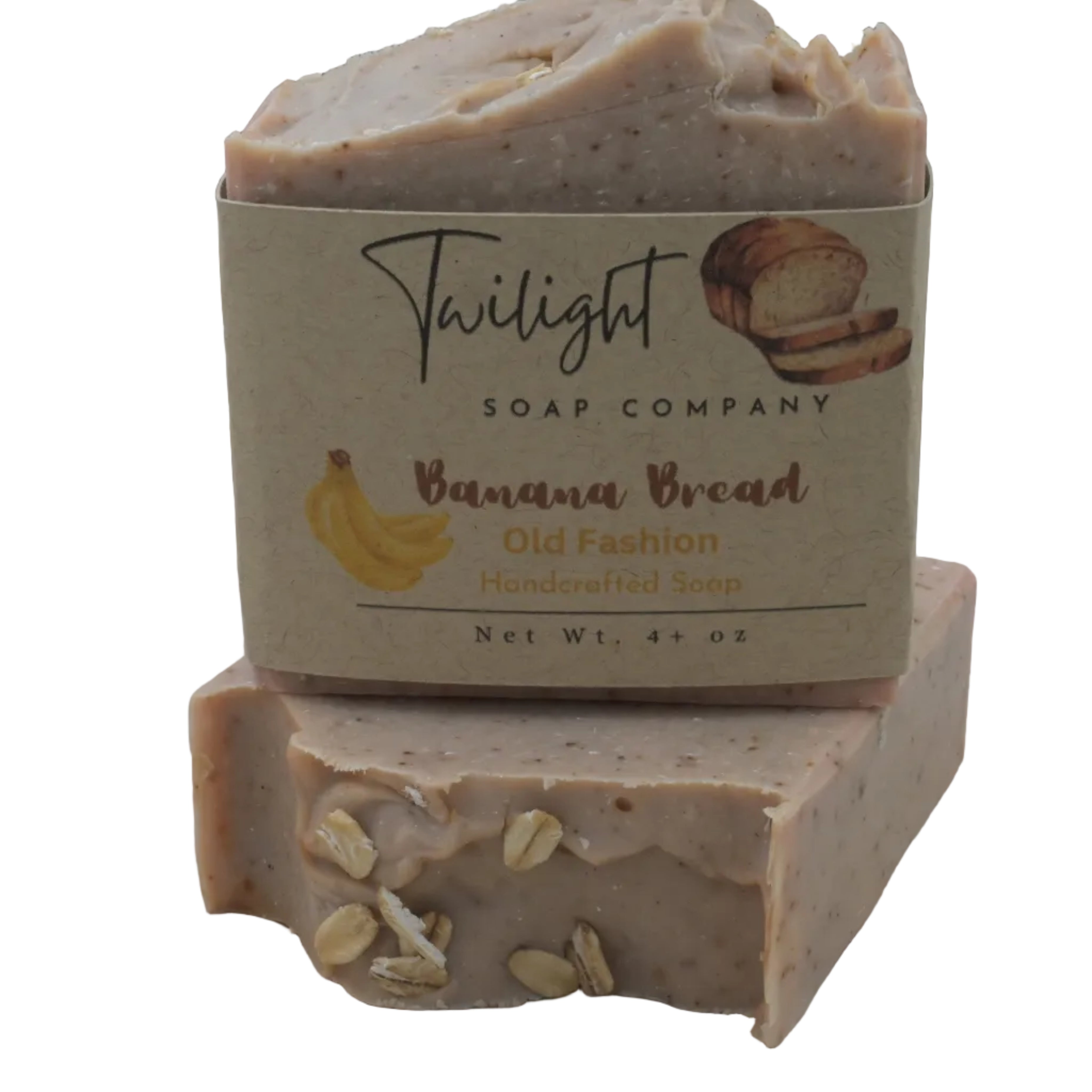 Bar of soap from Twilight Soap Company with banana bread flavor on a wooden background